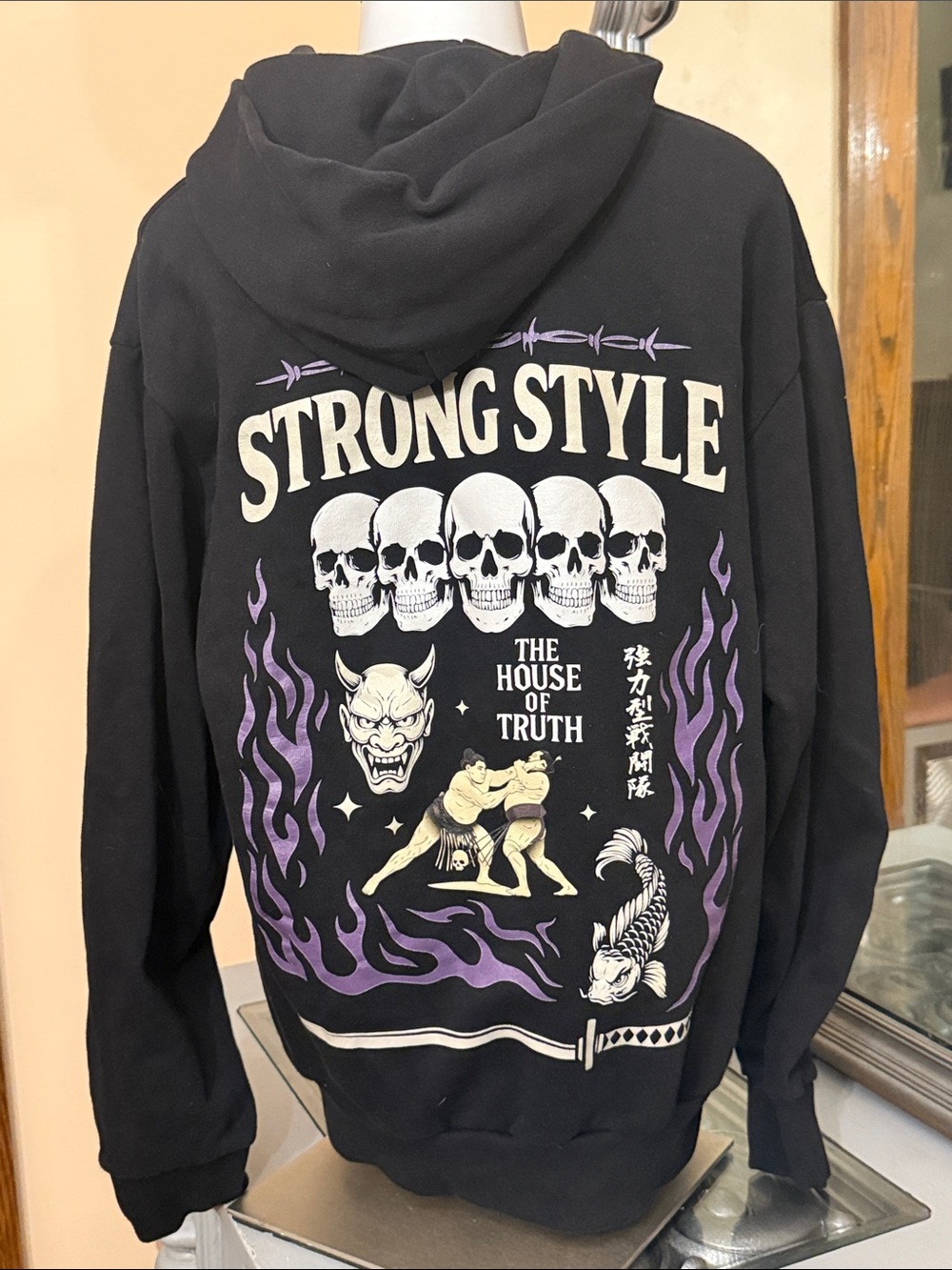 Strong Style Medium Black Graphic Hoodie Japanes Sumo Men's Pullover Sweatshirt